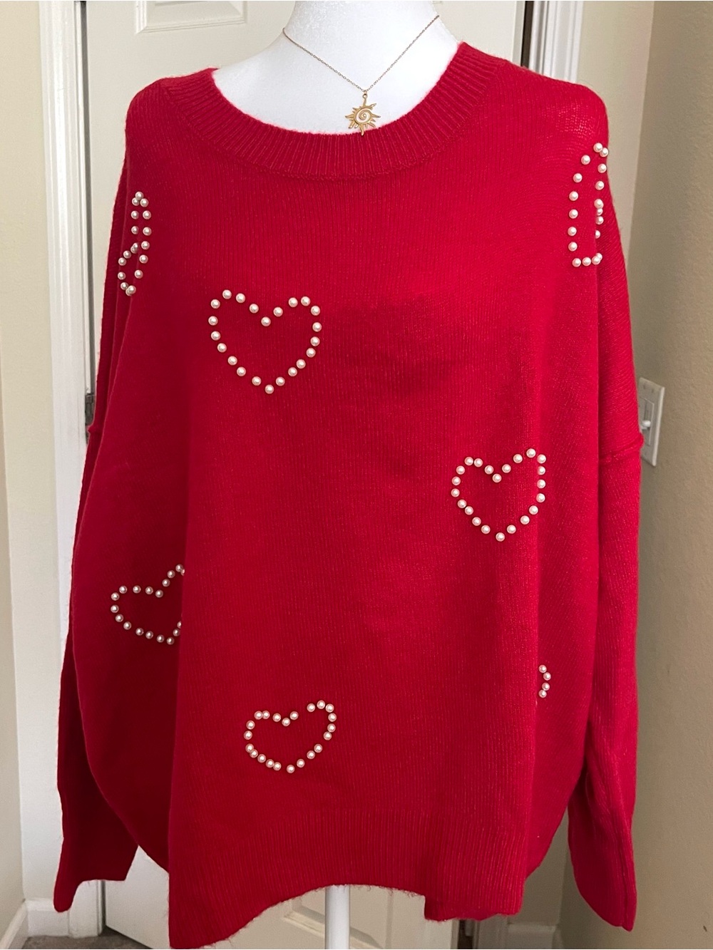 Vince Camuto Red Knit Sweater with Pearl Heart-shaped Embellishments | Size XL - Picture 2 of 8